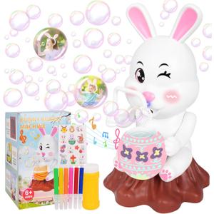 Easter Bubbles Bunny Bubble Machine for Kids, Rabbit Bubble Blower Toy with Refill Solutions, Music, Lights & Sticker- Easter Basket Stuffer Gift for Girls Boys