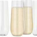 Oggi Unbreakable Champagne Flutes, Set 6 - Elegant Reusable Plastic Wine Cups, Stemless Wine Glass Flute Design, Shatterproof Plastic, Ideal for Indoor and Outdoor Use, Recyclable - 9oz / 265ml (Clear)