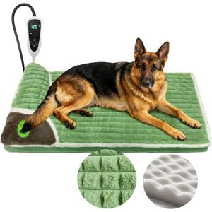 Large Heated Dog Bed 40x27x2 in,Equipped with MET/UL Dual Certified Heating Pad and Intelligent Controller,Thickened Memory Sponge+100% Plush Heated Pet Bed,Indoor Puppy Bed with Side Pillows (Green)