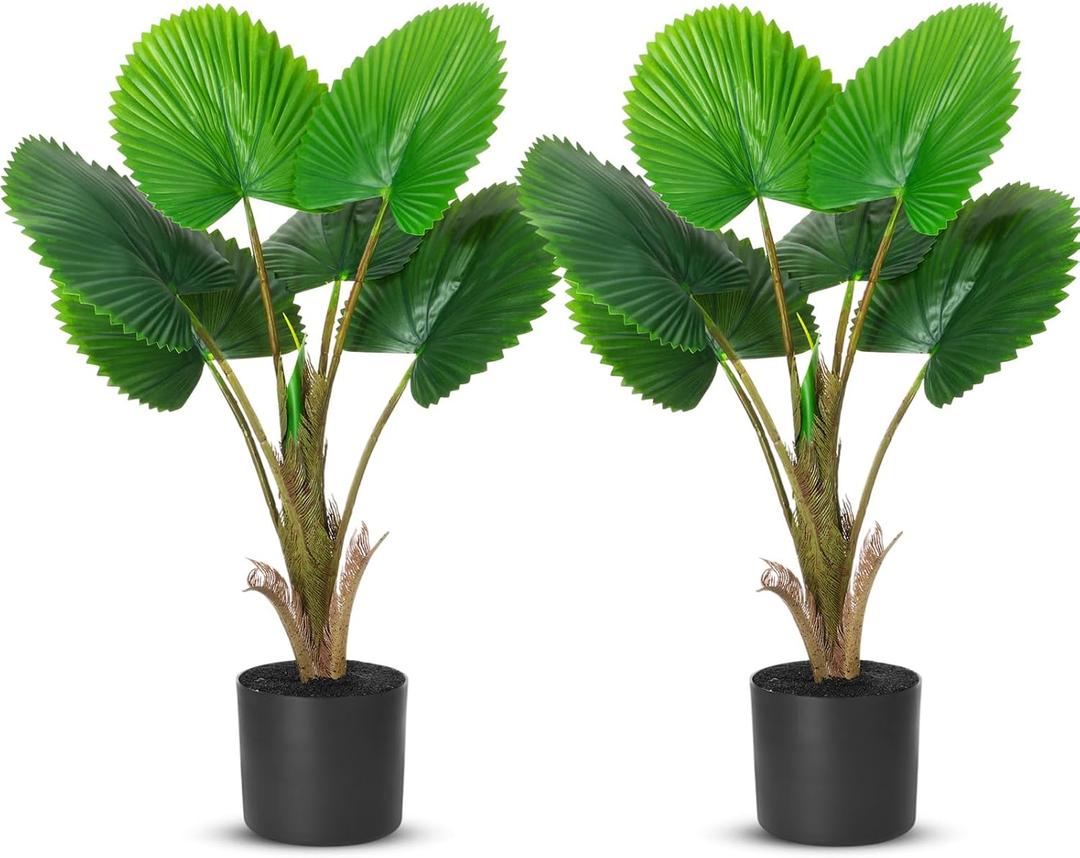 Giegxin 2 Pack Artificial Fan Palm Tree 2.36 ft Tall Fake Tree Round Leaf Fake Palm Plant with Planter, Faux Tropical Areca Floor Plant, Artificial Silk Plants for Indoor Outdoor Home Office Decor