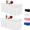 Albassa Table Skirts for Rectangle Tables 6ft, Spandex Table Covers for 6 Foot Tables, Wrinkle Resistant Ruffles Elastic Table Cloths for Banquets, Weddings, Parties (White, 6ft, Pack of 2)
