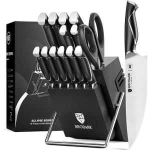 BRODARK Kitchen Knife Set with Block and Sharpener, 15 Pcs Sharp Knives Set for Kitchen, Christmas, Stainless Steel Full Tang Knife Block Set, Ergonomic Handle Professional Chef Kitchen Knives Sets