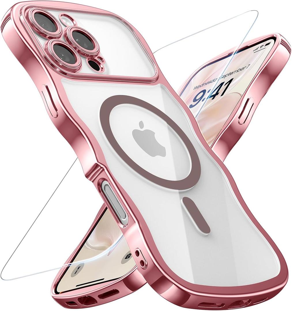 3 x for iPhone 16 Pro Max Case: [Cute Wave Frame][Fit for MagSafe] Military Drop Shockproof Protection, Camera Protective Glossy Slim Magnetic Wavy Phone Cover for Women Girls 6.9'', Clear/Pink