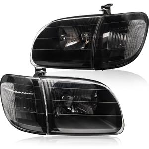 4Pcs Black Clear Lens Headlights + Parking Lights Corner Lamps Assembly Fits 2000 2001 2002 2003 2004 Toyota Tundra Regula/Access Cab Halogen Head Lights L+ R, Replace# TO2530135, TO2531135