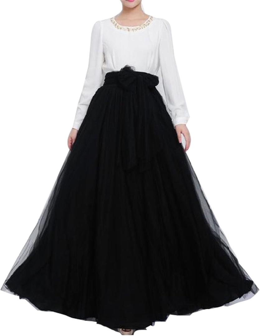 Women Wedding Long Maxi Puffy Tulle Skirt Floor Length A Line with Bowknot Belt High Waisted for Wedding Party Evening(Black, Small-Medium)