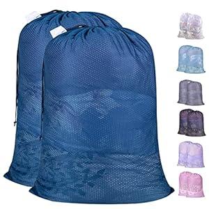 Polecasa Heavy Duty Large Mesh Laundry Bags with ID Tag and Locking Drawstring Closure - 2 Pack, 24 x 36 inches - Laundry Hamper Liner, Washable Laundry Bag for Travel, Sports, Dorms (Blue)