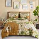 DJY Floral Comforter Set King Size Boho Flower Bed in a Bag 7 Pieces, Khaki and Green Botanical Pattern Comforter Set, Soft Microfiber Farmhouse Bedding Set for All Season (104''x90'')