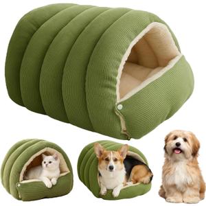 Winter Cave,Warmth Cozy Comfort Plush Pet Cave,Cute Cozy Safe Hideaway Cat Bed with Removable Cushion,Warm Soft Removable Washable for Cats and Dogs (Green)