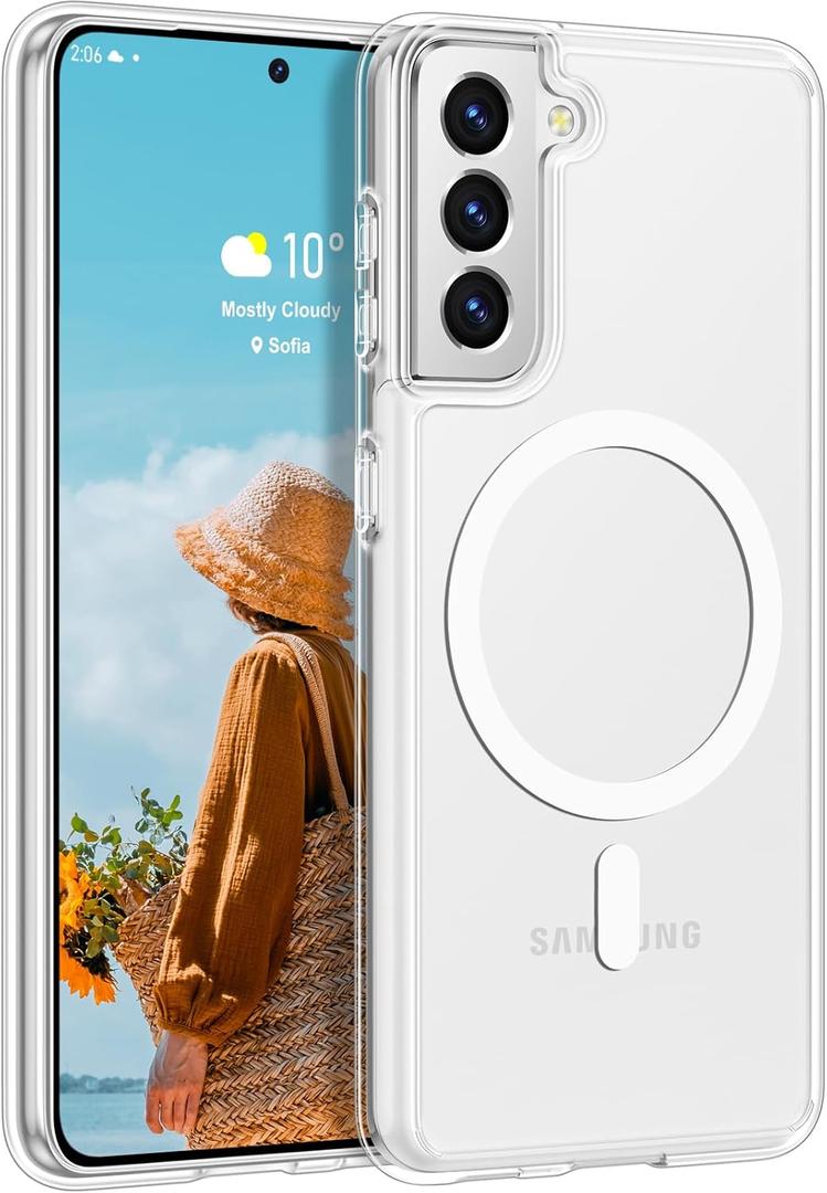 Rayboen for Samsung Galaxy S21 Case, Compatible with Magsafe, Classic Crystal Clear Slim Shockproof Protective Phone Cover for Samsung S21 5G with Transparent Hard PC Back, White Magnetic Ring