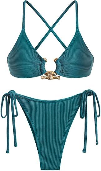 ZAFUL Women's Cutout Bikini Criss Cross Textured Metal High Leg Bikini Sets Cheeky Swimswear Two Piece Swimsuit, Size: M