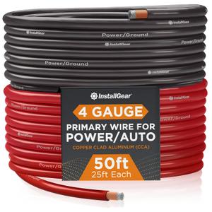 InstallGear 4 Gauge Wire - 50 feet 4 AWG Battery Cable - Copper Clad Aluminum (CCA) Wire for Car Audio, Amplifier Power, 4 Gauge Battery Cables, and Ground Applications (Red + Black)