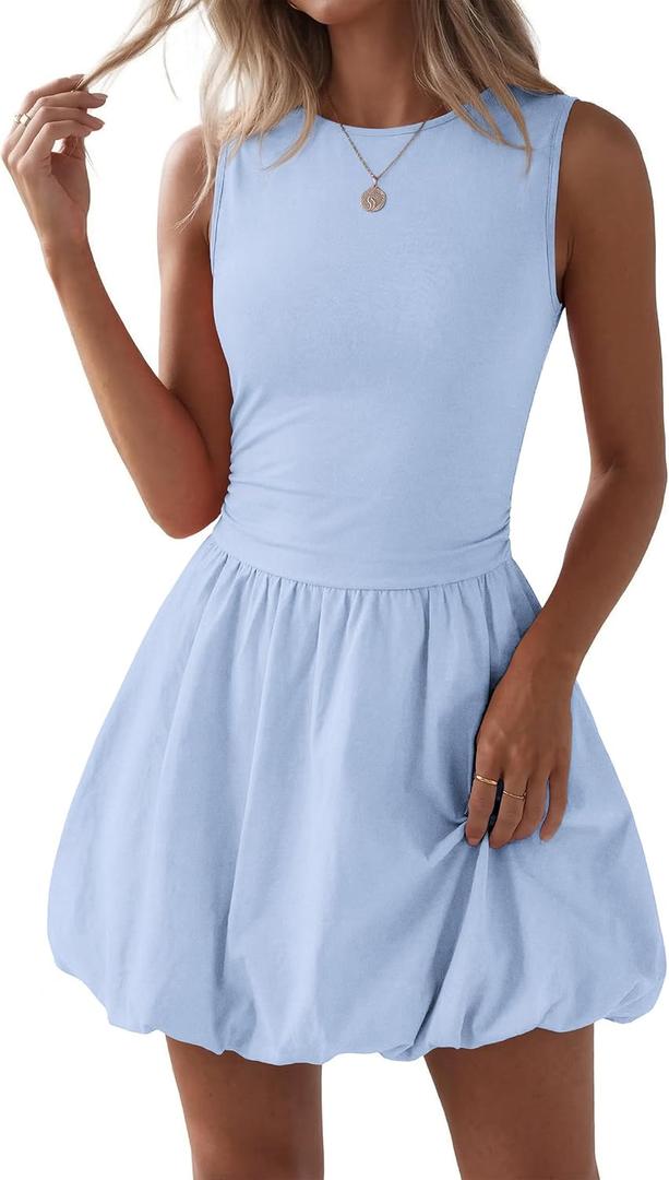 KIRUNDO Summer Dresses for Women 2026 Cute Mini Sleeveless Bubble Dress | Stretchy Ruched Front Cinched Waist, Woven Balloon Skirt, Crewneck Tank Sundress With Pockets, Casual Party Vacation Outfits (Blue, XL)