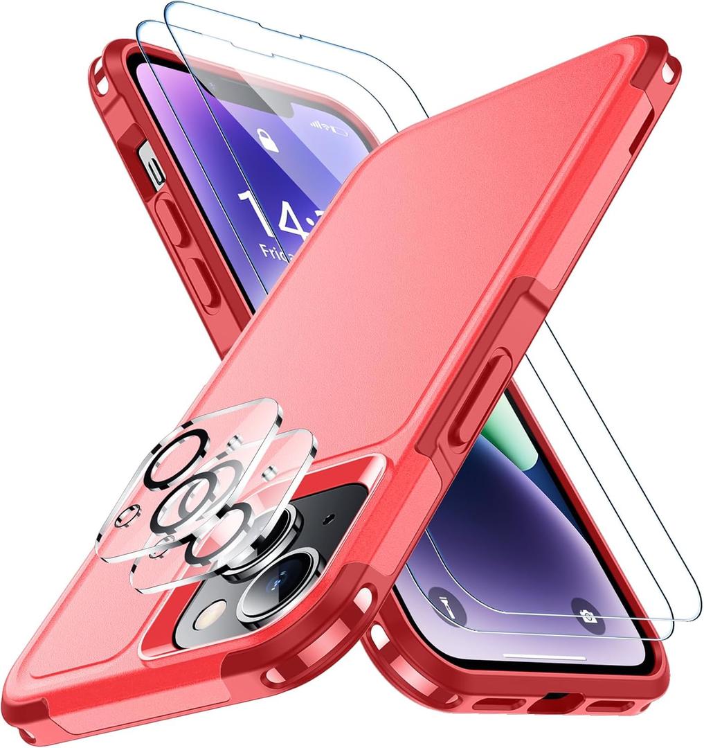 SPIDERCASE for iPhone 14 Case/iPhone 15 Case, [15 FT Military Grade Drop Protection][Non-Slip] 2 Pack [Tempered Glass Screen Protectors+Camera Lens Protectors] Heavy Duty Shockproof Case, Red
