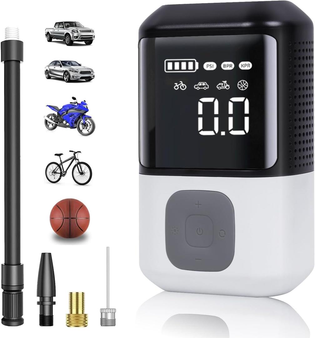 Tire Inflator Air Compressor Portable, Powerfull 150PSI Cordless Easy Operation Rechargeable Auto Tire Pump with Accurate Pressure LCD Display for MPV, Car, E-Bike, Motorcycle, For up to 26 Inch Tire