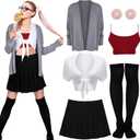 Jeyiour 6 Pcs Halloween Pop Singer Costume Furry Scrunchies Tie up Shirt Pleated Skirt Cardigan Sweater Top high Sock (Medium)