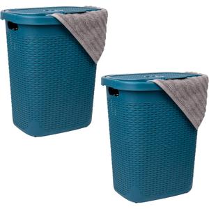 Mind Reader 50L Slim Laundry Hamper, Clothes Basket, Lid, Wicker Design, Plastic, 17.65"L x 13.75"W x 21"H, Set of 2, Blue