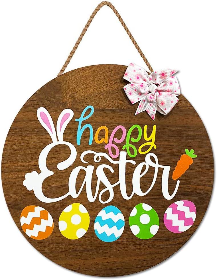 2 x Happy Easter Wooden Hanging Sign with Bow, Rustic Easter Wooden Door Hanger for Home Farmhouse Window Indoor Outdoor Decor