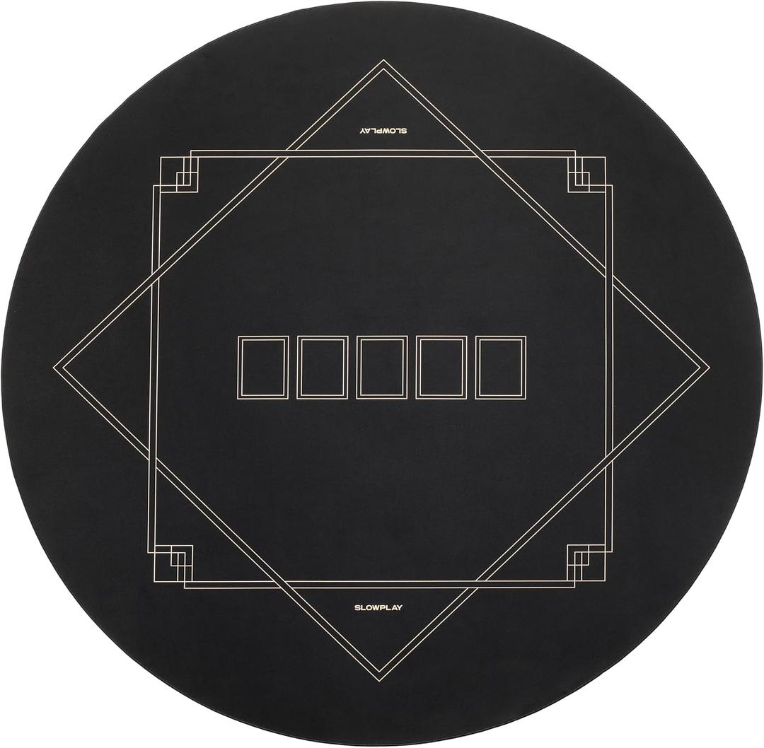 SLOWPLAY Godel 47 Inch Round Poker Mat for Texas Holdem | Poker Table Top with Extra Water Repellency, Hemmed Edges, Noise Reduction | Super Portable for Gaming Everywhere (Black and Champagne Gold)