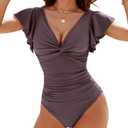 Blooming Jelly Womens Tummy Control Swimsuit V Neck One Piece Bathing Suits Slimming Lace-up Ruffle Swimwear, Size 2XL