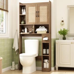RUSTOWN Rattan Over The Toilet Storage Cabinet,Boho Over Toilet Bathroom Organizer with 2 Doors & Adjustable Shelves,Modern Above Toilet Rack with Toilet Paper Holder for Bathroom (Rustic Oak), 66.9 inches x 30.7 inches x 7.9 inches