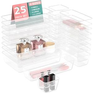 25 PCS Plastic Drawer Organizer Set, 4-size Clear Bathroom and Vanity Desk Drawer Organizer Trays, Non-Slip Versatile Storage Bins for Makeup Jewelry Office Kitchen Gadgets