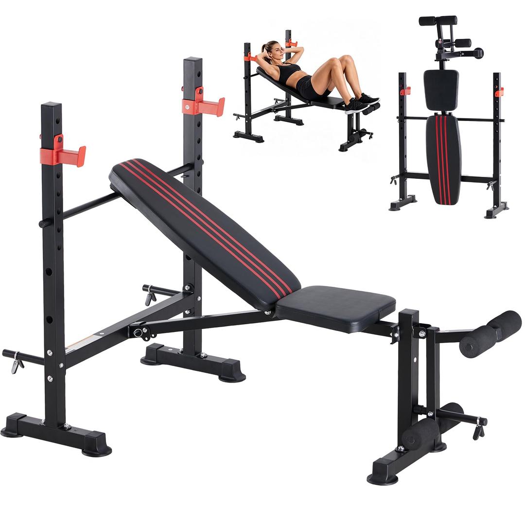 DUMOS Adjustable Weight Bench Set with Rack, 650LBS Foldable Bench Press