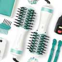 Dual Voltage Travel Hair Dryer Brush 4-IN-1 Portable Mini Hot Air Blow Dryer Straightener & Curler Brush, Titanium Round Blowout Styler Volumizer Tools, 110/240V US/EU/UK Plug for International Travel