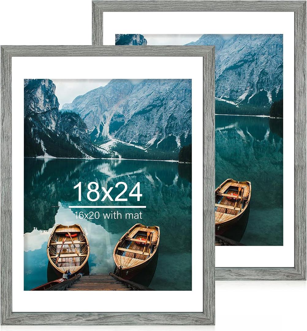 Hongkee 18x24 Frame Set of 2, Rustic Grey Wood Style - Display 18 x 24 Poster without Mat or 16x20 Picture with Mat, Wall Mounting Horizontal and Vertical