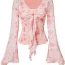 Verdusa Women's Y2K Cute Bell Sleeve Tops Floral Print Mesh Summer Long Sleeve Going Out Tops 2000s Clothing (Pink), S