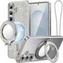 Meifgino Magnetic Case with Removable Phone Ring Stand for Samsung Galaxy S25 Plus, [Glitter Card & Wrist Strap] [MagSafe Compatible] [Built in Mirror] Phone Ring Stand + Phone Case Kit, Silver