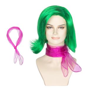 Miss U Hair Short Wavy Green Wig with Scarf for Women Side-swept Bangs Anime Cosplay Wig