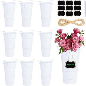 10 Set Galvanized Flower Buckets Farmhouse Flower Vases Metal Vases for Flowers Rustic Flower Bucket with Small Chalkboard Label Metal Flower Buckets for Flowers Wedding Table Centerpieces 10 inch (White)