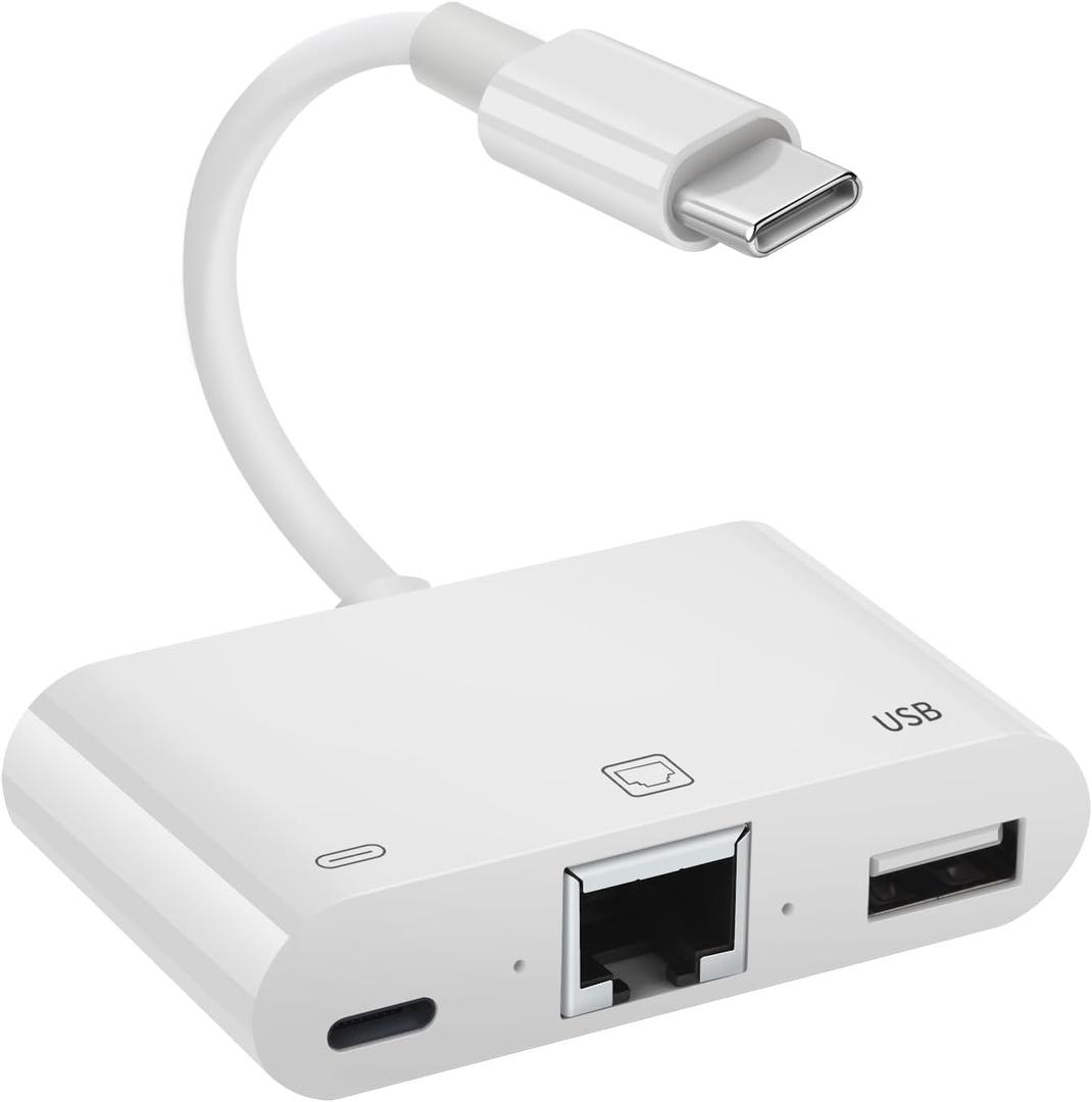 Type C to RJ45 Ethernet Adapter Network Adapter, with Charge Port and USB Port Support USB Flash Drive/Keyboard/Mouse/Came, Plug and Play,Supports 100Mbps Ethernet Network