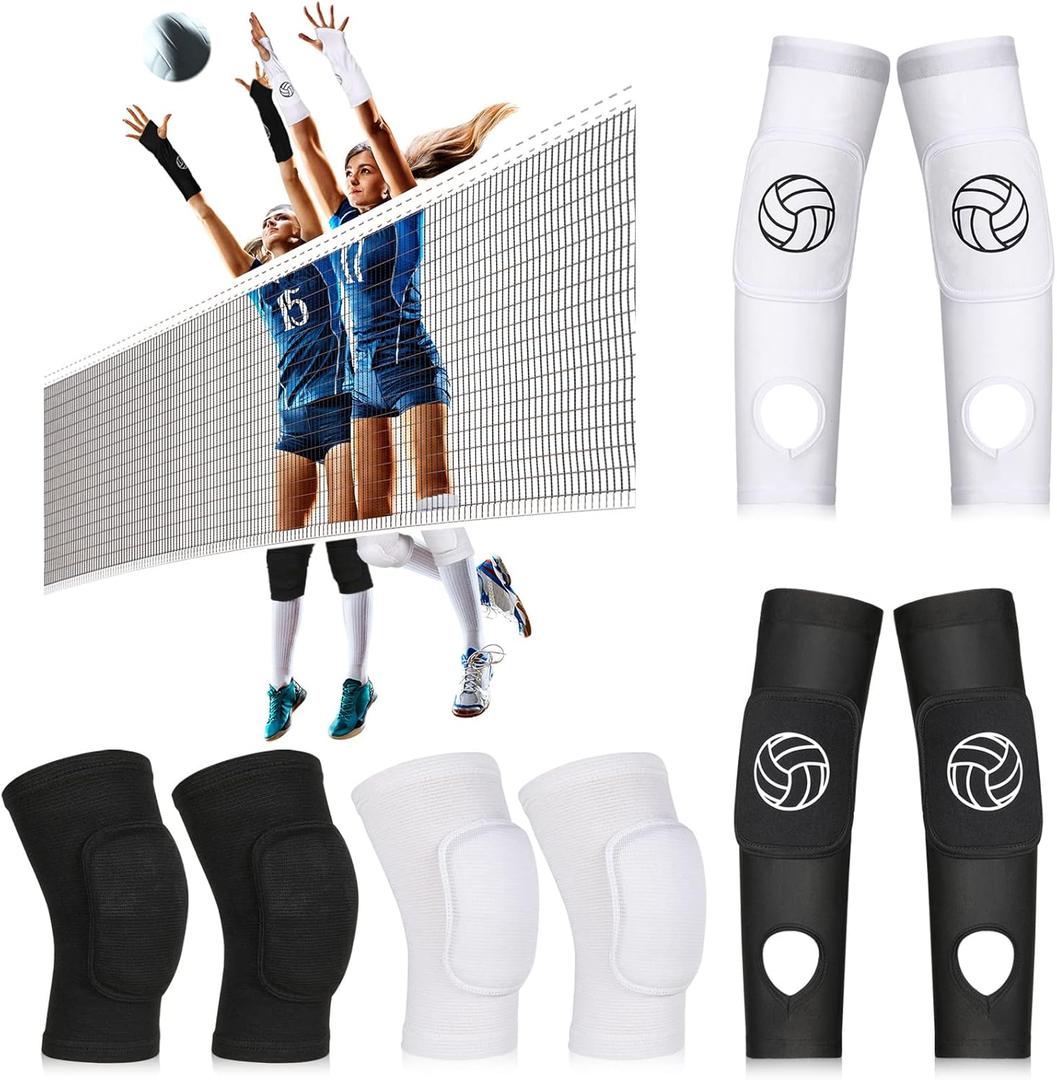 8 Pcs Volleyball Arm Sleeves and Knee Pads for Women Soft Breathable Dance Knee Gear Protector Passing Sleeves with Pads and Thumb Hole for Volleyball Dance