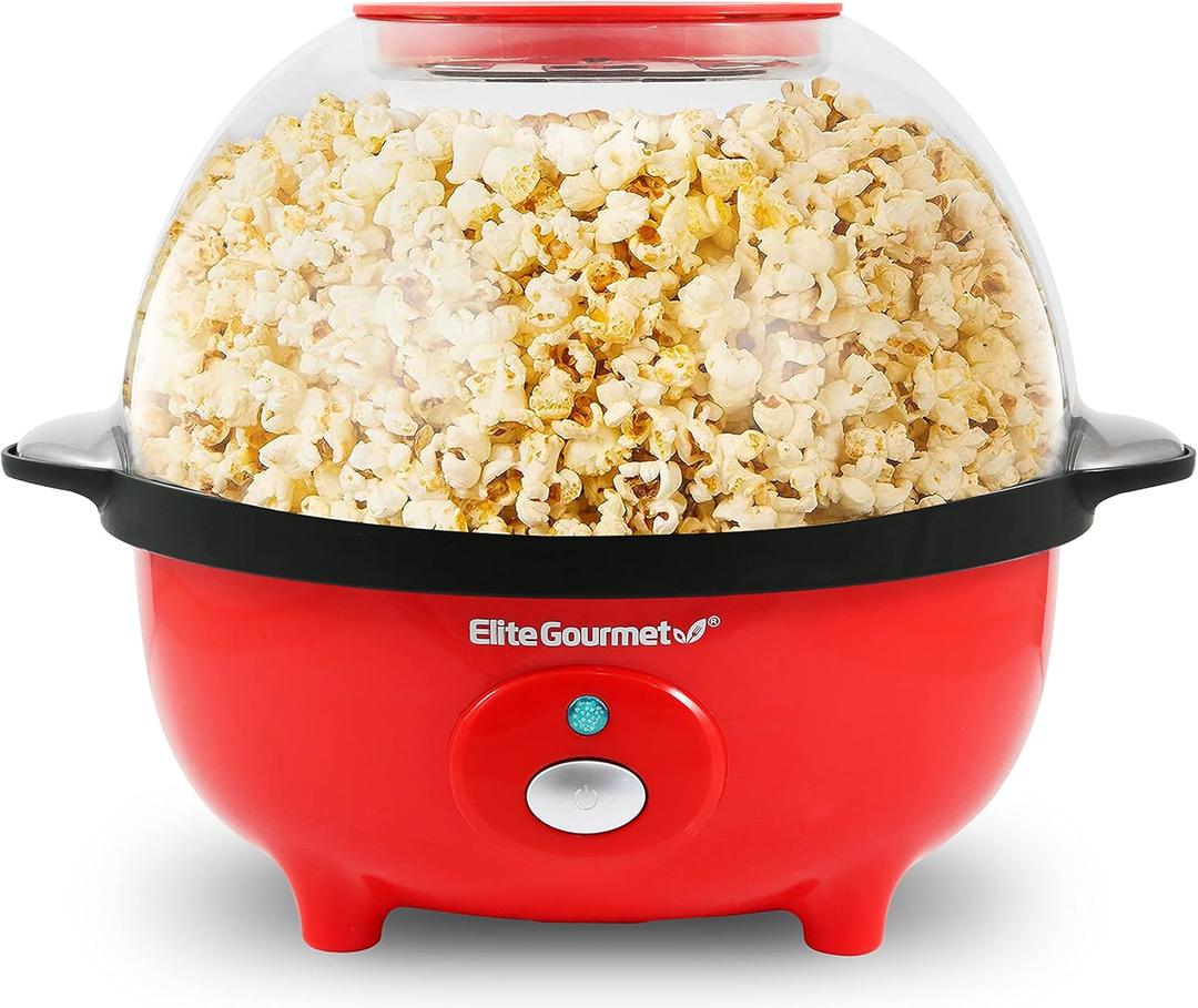 Elite Gourmet EPM330R Automatic Stirring Ceramic Nonstick 12cup Popcorn Maker, Hot Oil Popcorn Machine w/Measuring Cap & Builtin Reversible Serving Bowl, Great for Home Party, ETL Approved, Red