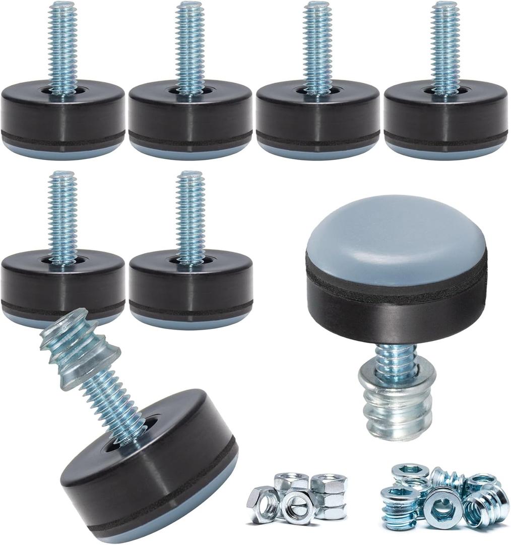 M6 Leveling Feet - PTFE (Teflon) Bottom (1 inch Base), Smooth Gliding Base for Furniture Protection, Adjustable Furniture levelers for Tables, Chairs, Legs (8 Pack)