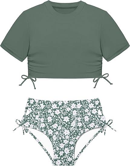 CRISONE Girls Swimsuits Short Sleeve Bathing Suit Solid 2 Piece Drawstring Swimwear 13 - 14 year olds