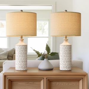 PoKat 24'' Lamps for Night Stands, Ceramic Table Lamps for Living Room, Modern Nightstand Lamps Set of 2, Bedroom Lamps for Bedside End Table, Bedroom, Living Room, White (2 Medium Size - Rotary Switch)