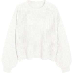 ZAFUL Women's Solid Knit Cable Sweater Casual Long Lantern Sleeve Pullover Crew Neck Knitted Tops (Medium, 3-white)