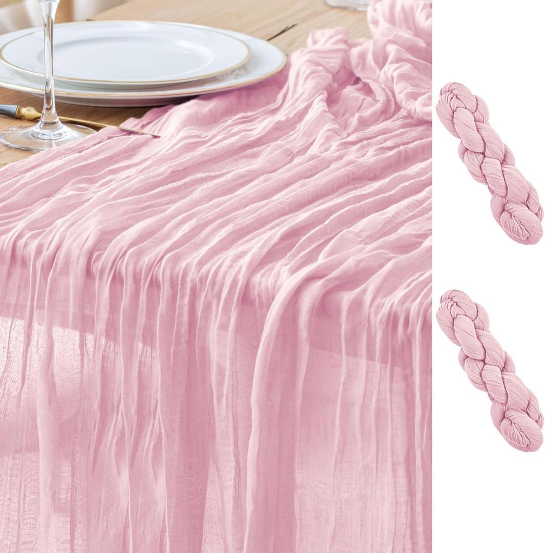 Asee'm 2pcs Cheesecloth Table Runner 120 Inches Blushing Pink Boho Gauze Cheese Cloth Runner 10FT Rustic Sheer Table Runners for Easter Spring Wedding Baby Shower Holiday Party Decoration