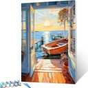 2 x Door Landscape Seaside Paint by Numbers Kits 16x20 inch Canvas DIY Oil Painting for Kids, Students, Adults Beginner with Brushes and Acrylic Pigment - Boat Scenery Sun Landscape (without Frame)