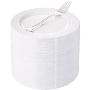 WELLIFE 100 Pieces White Plastic Dessert Plates with 100pcs Silver Disposable Forks, Premium Hard Salad Plate 7.5, Appetizer Plastic Plates for Wedding, Party