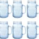 SUT Mason Jar Drinking Glasses with Handle, 6 Pack, 16 Oz Vintage Embossed Blue Mason Jar Cups for Iced Coffee, Juice, Tea and Beer