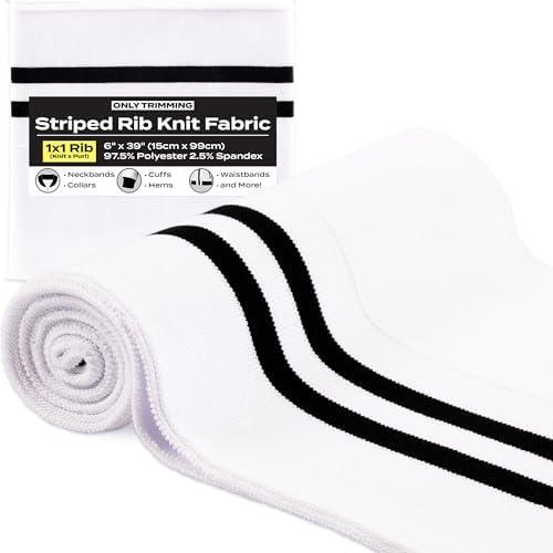 ONLY TRIMMING 1x1 Striped Rib Knit Fabric, Soft Cotton-Like Feel, Stretchy Knitted Ribbing for Cuffs, Collars, Waistbands, and Basic Daily Wear, Polyester Spandex Blend (White, 6 x 39 Inches)