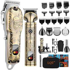 LQT Professional Hair Clippers for Men - Cordless Electric Hair Trimmer & Beard Shaver Kit with Stainless Steel Blades, 12 Guide Combs (1-15mm), Type-C Charging Trimming & Fading (Bronze)
