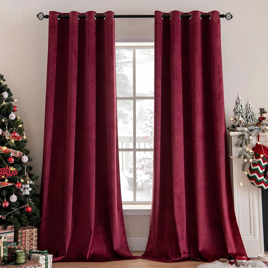 MIULEE Christmas Burgundy Velvet Curtains Solid Soft Red Blackout Curtain Grommet Top Thermal Soundproof Room Darkening Curtains/Drapes/Panels for Living Room Bedroom 52 x 84 Inch 2 Panels