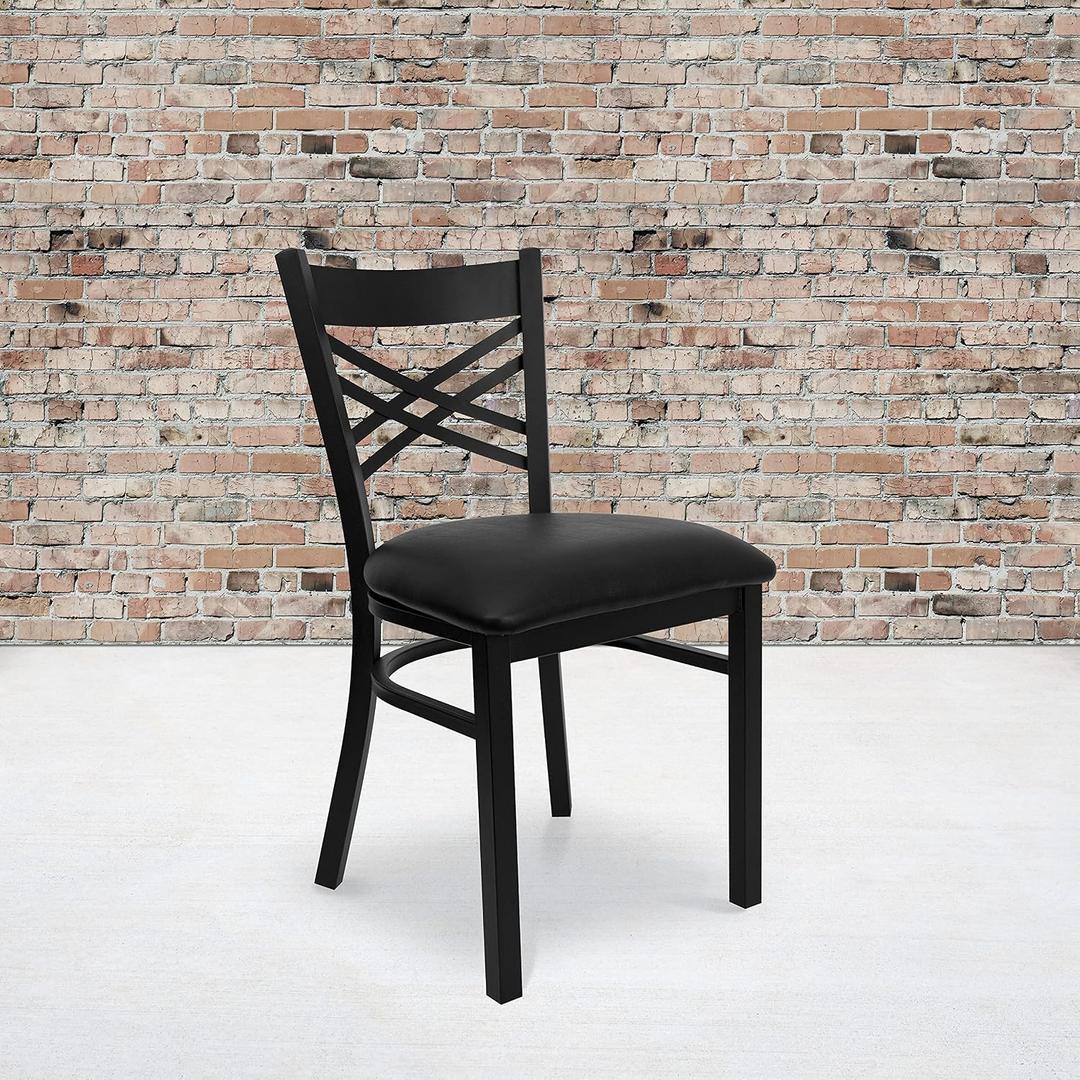 Flash Furniture 2 Pack HERCULES Series Black ''X'' Back Metal Restaurant Chair - Black Vinyl Seat