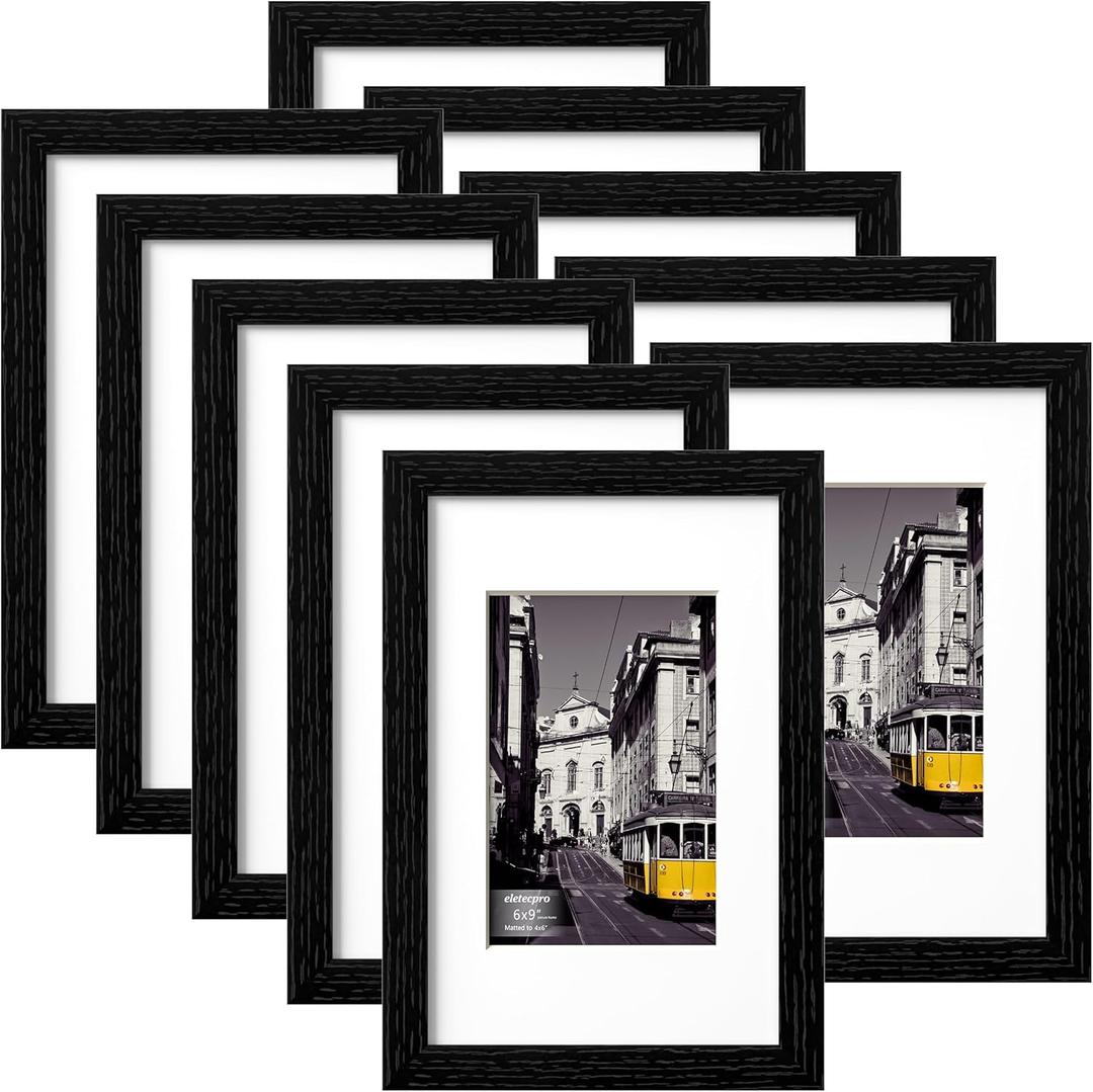 eletecpro 6x9 Picture Frames Set of 10, Picture Frame Collage Wall Decor Display 4x6 Photo with Mat or 6x9 without Mat, Home Decor Gallery Wall Frame for Wall Mounting, Black