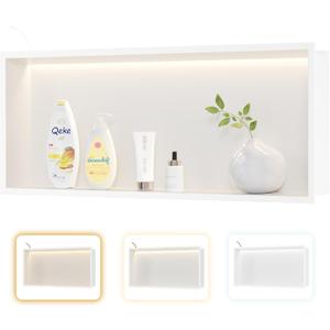 Qeke Stainless Steel Shower Niche 30" X 12", No Tile Needed Wall Niche with 3 Selectable Color Temperatures Led Light, Recessed Shower Shelf for Bathroom Storage Over Mount Installation, Matte White