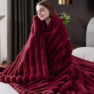 HaloRest Fluffy Faux Fur Throw Blanket, Thick 1000GSM Soft Cozy Throw Blankets for Bed, Luxury Plush Striped Warm Fuzzy Blanket for Couch LivingRoom Home Decor & Gifts(50" x 70",Red)